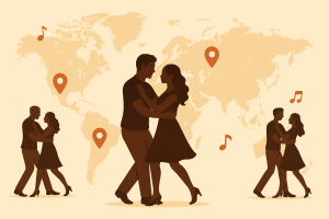 Couples dancing in front of world map illustration.