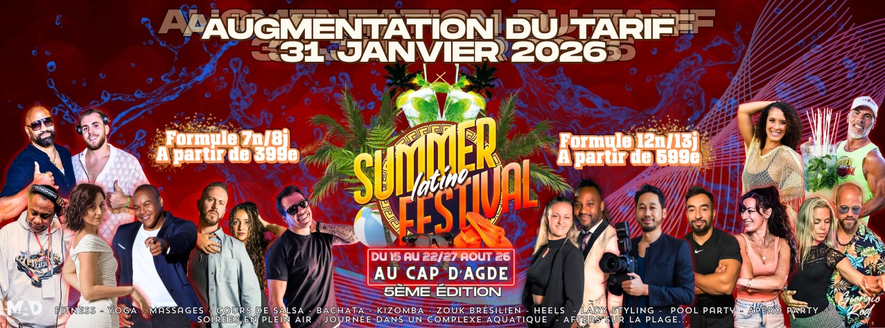 Summer Latino Festival, Cap d'Agde, August 2026 poster.