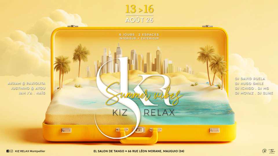 Tropical event flyer with suitcase and city skyline.