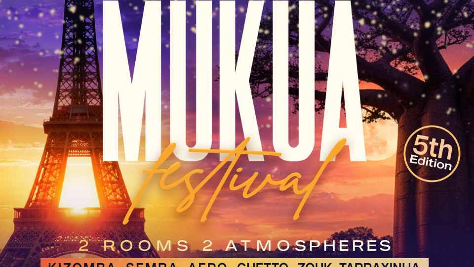 Mukua Festival poster with Eiffel Tower background.