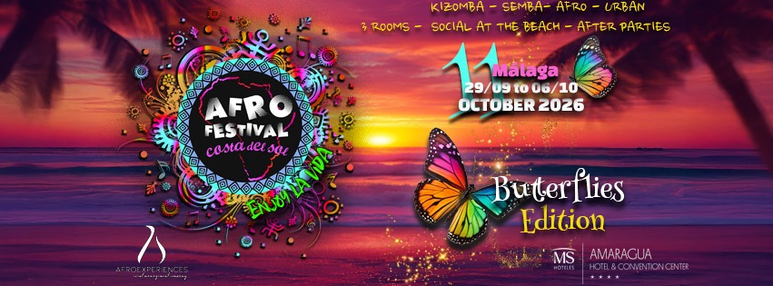 Afro Festival Malaga 2026, beach sunset, butterflies theme.