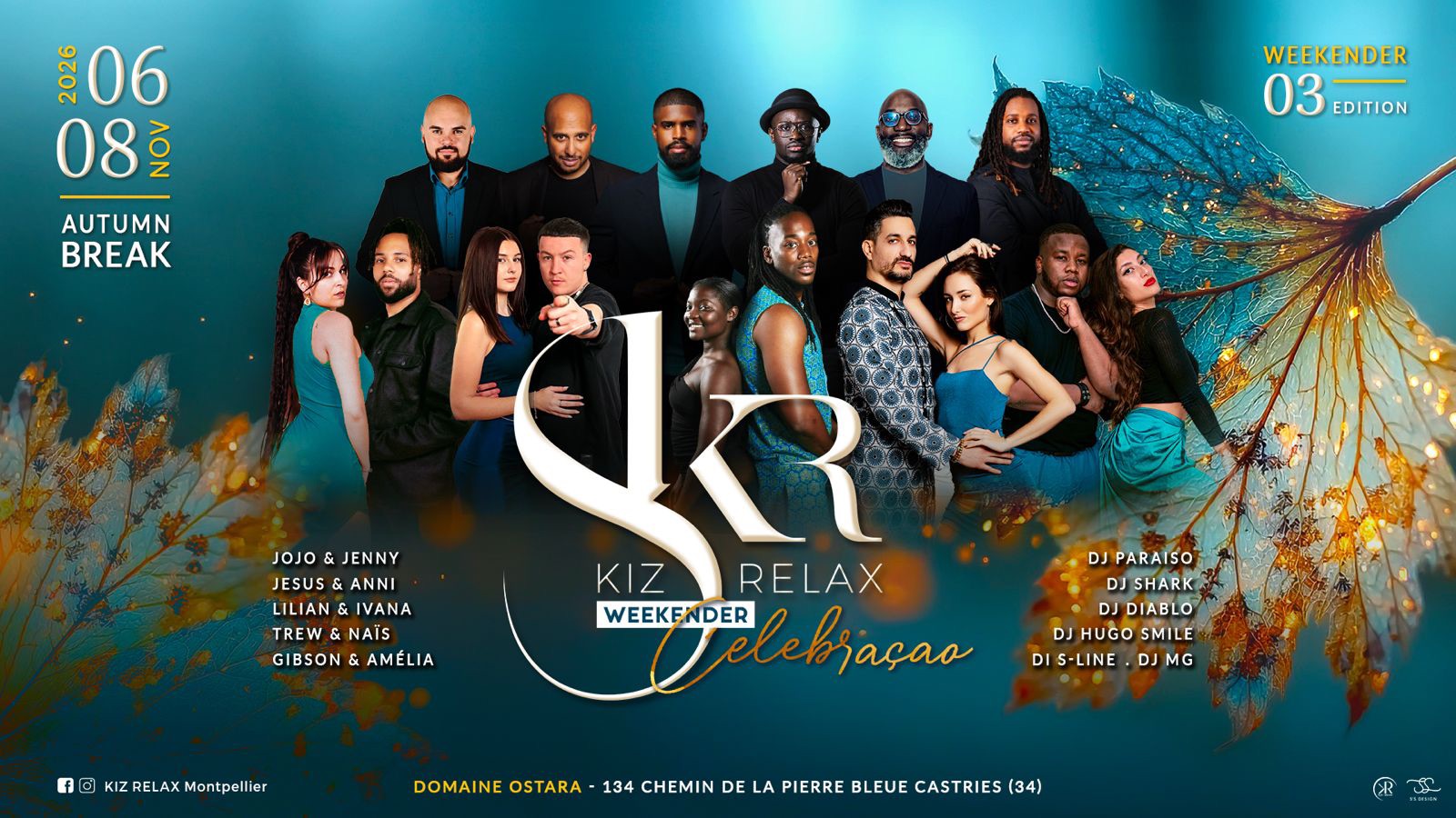 Kizomba dance event poster with dancers and DJs.
