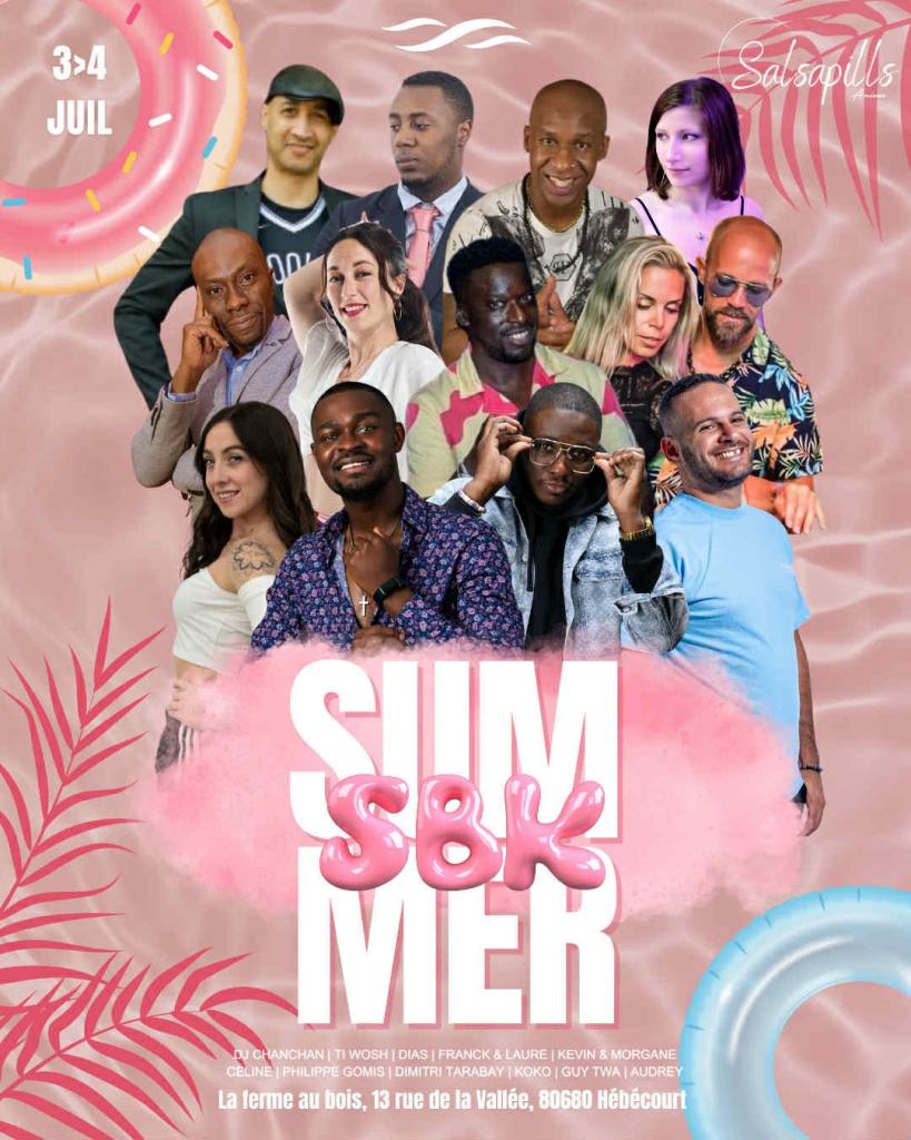 Summer event poster with various people and details.