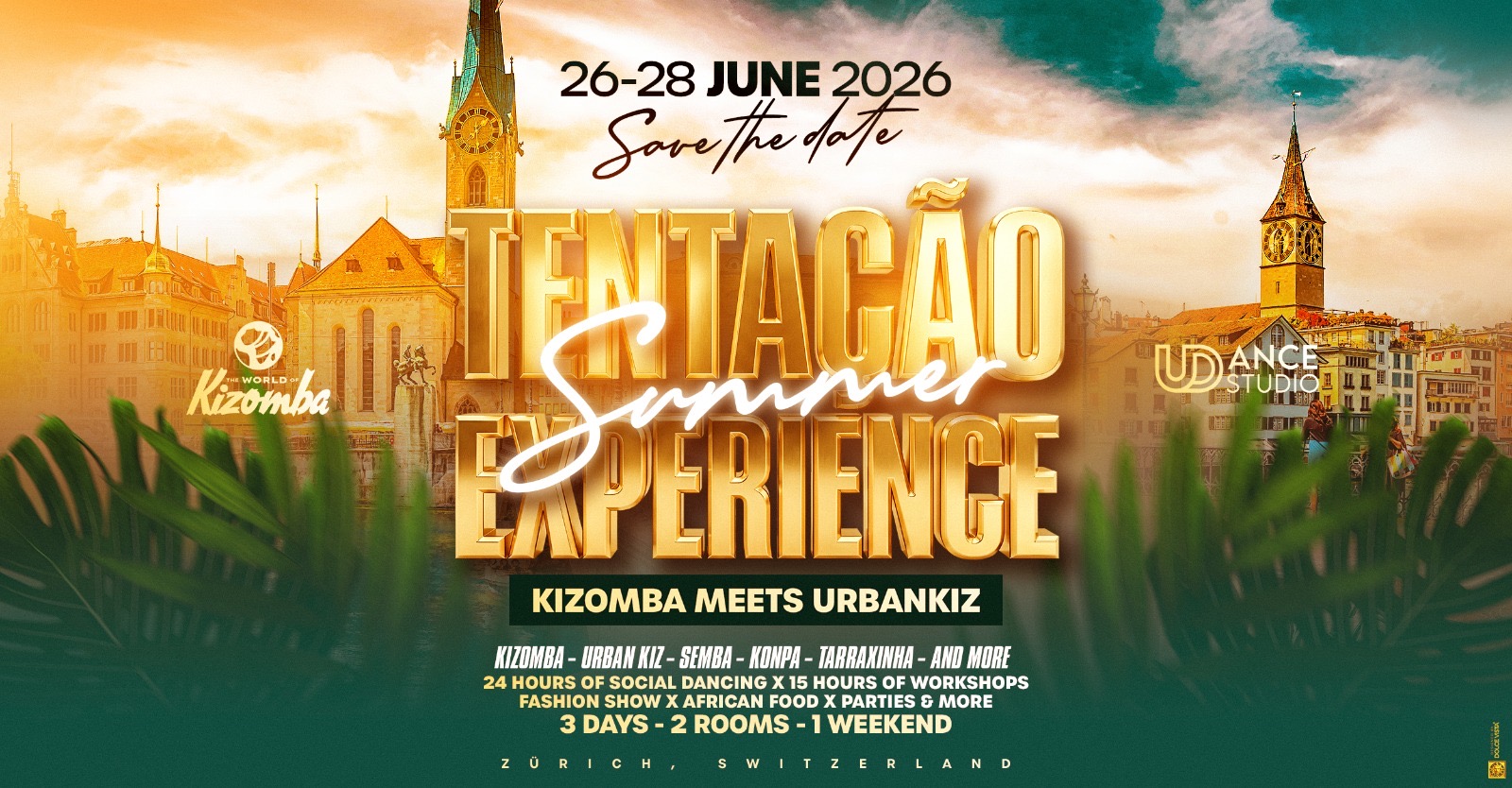 Kizomba event flyer with cityscape background