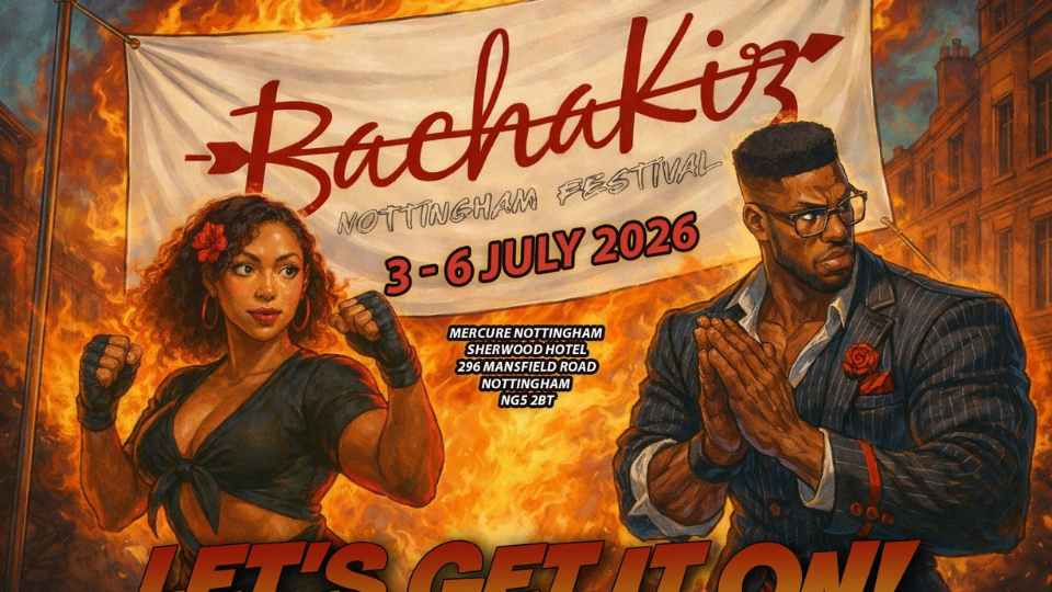 Bachata festival poster, Nottingham, July 2026.