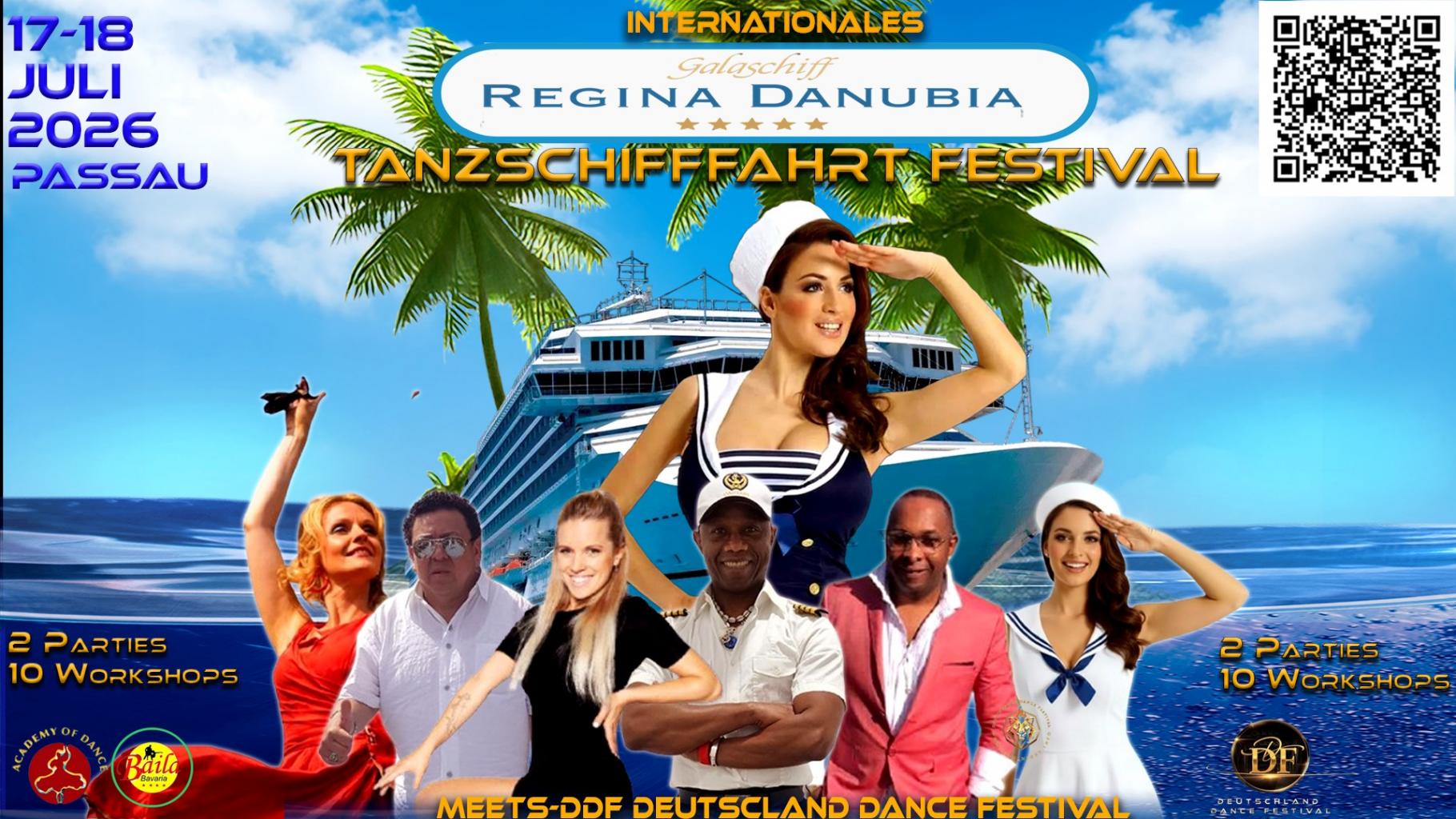 Dance cruise festival poster with ship and performers