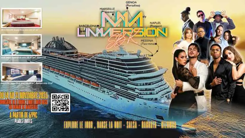 Cruise ship promotional poster with performers and itinerary