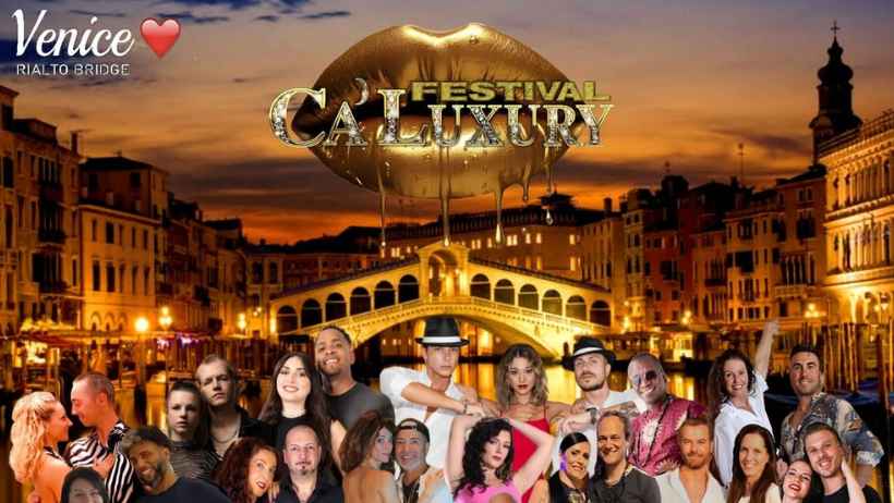 Festival Caluxury poster featuring performers before Venice’s Rialto Bridge
