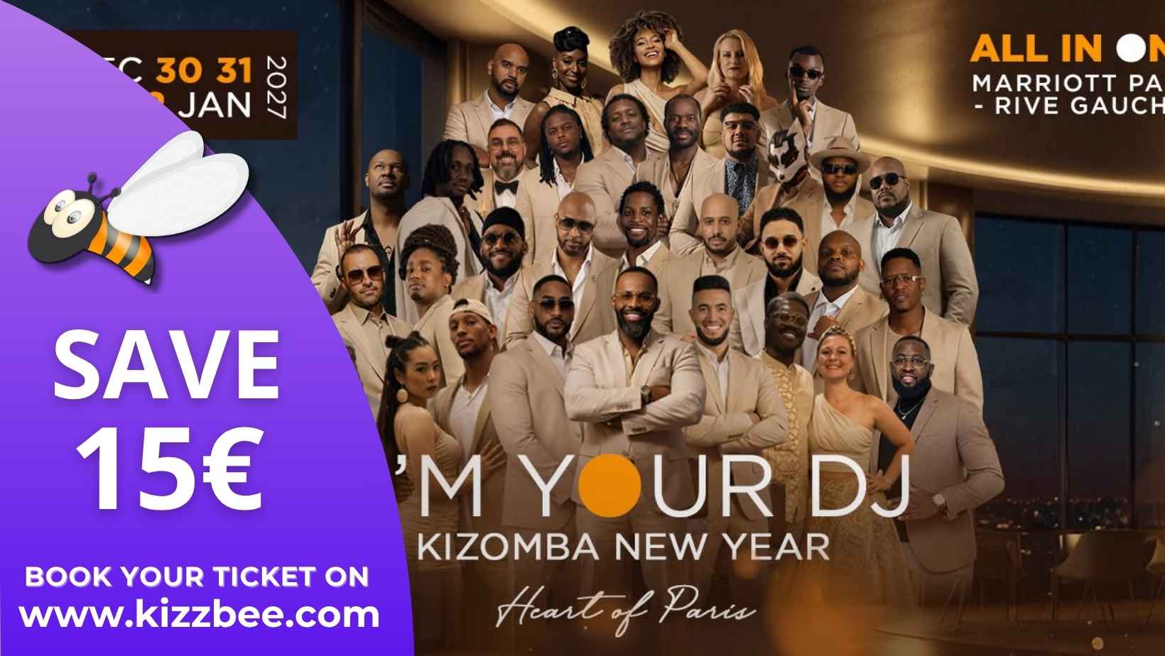 Kizomba New Year event poster featuring DJs and dancers