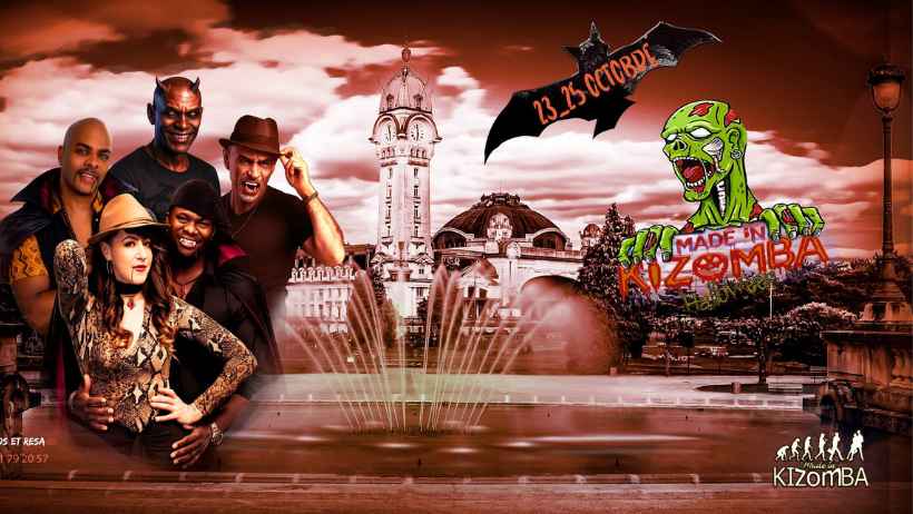 Kizomba festival poster with dancers, zombie graphic and city fountain