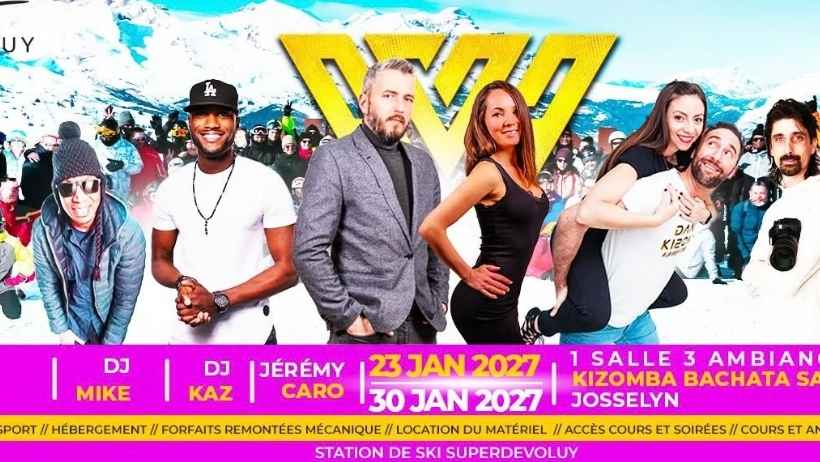 Ski resort party poster featuring DJs, dancers and snowy mountains