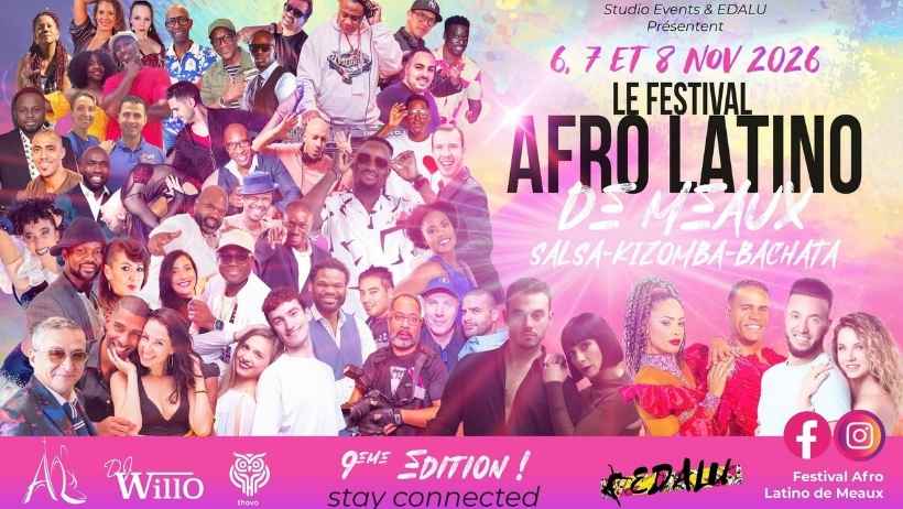 Colourful Afro Latino festival poster featuring performers and dancers