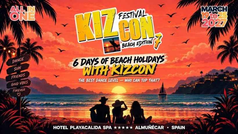 Kizcon Beach Edition festival poster with tropical sunset beach
